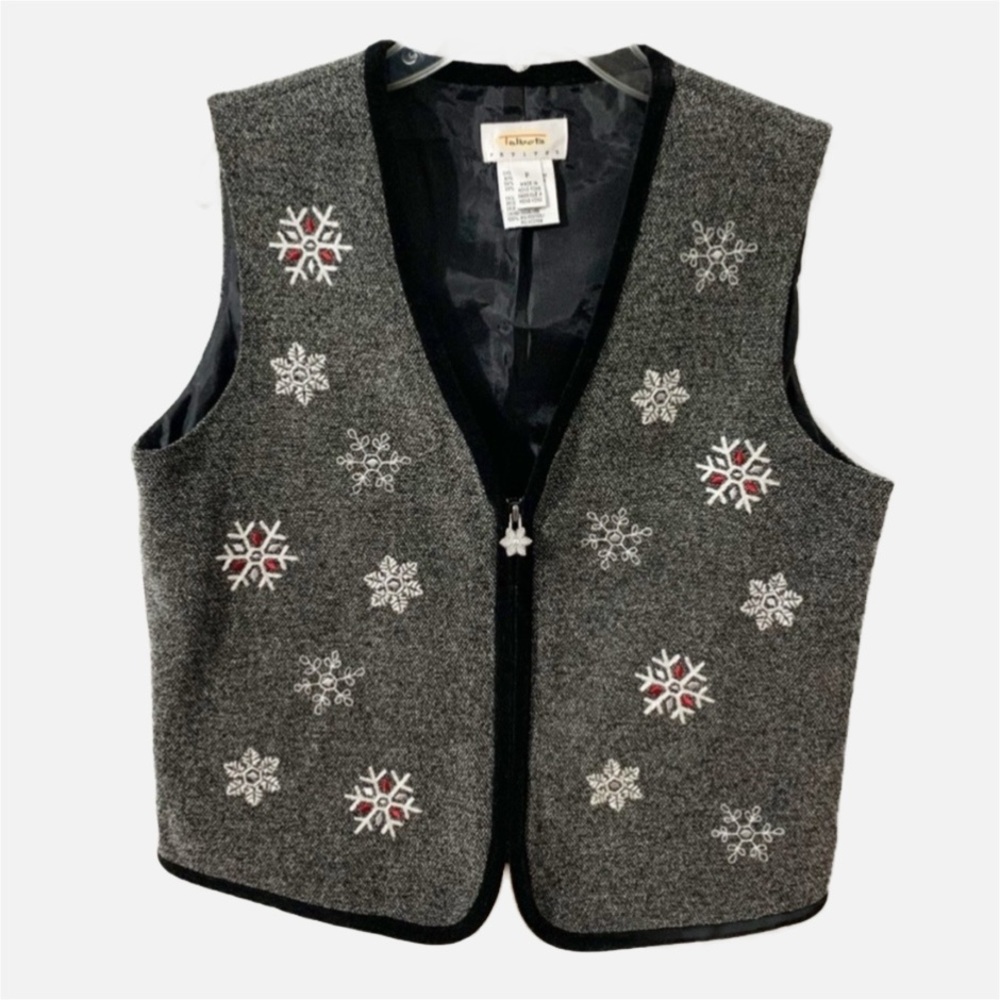 Talbots Petites Zipper Front Snowflake Tweed Vest with Embroidered Snowflakes ❄️